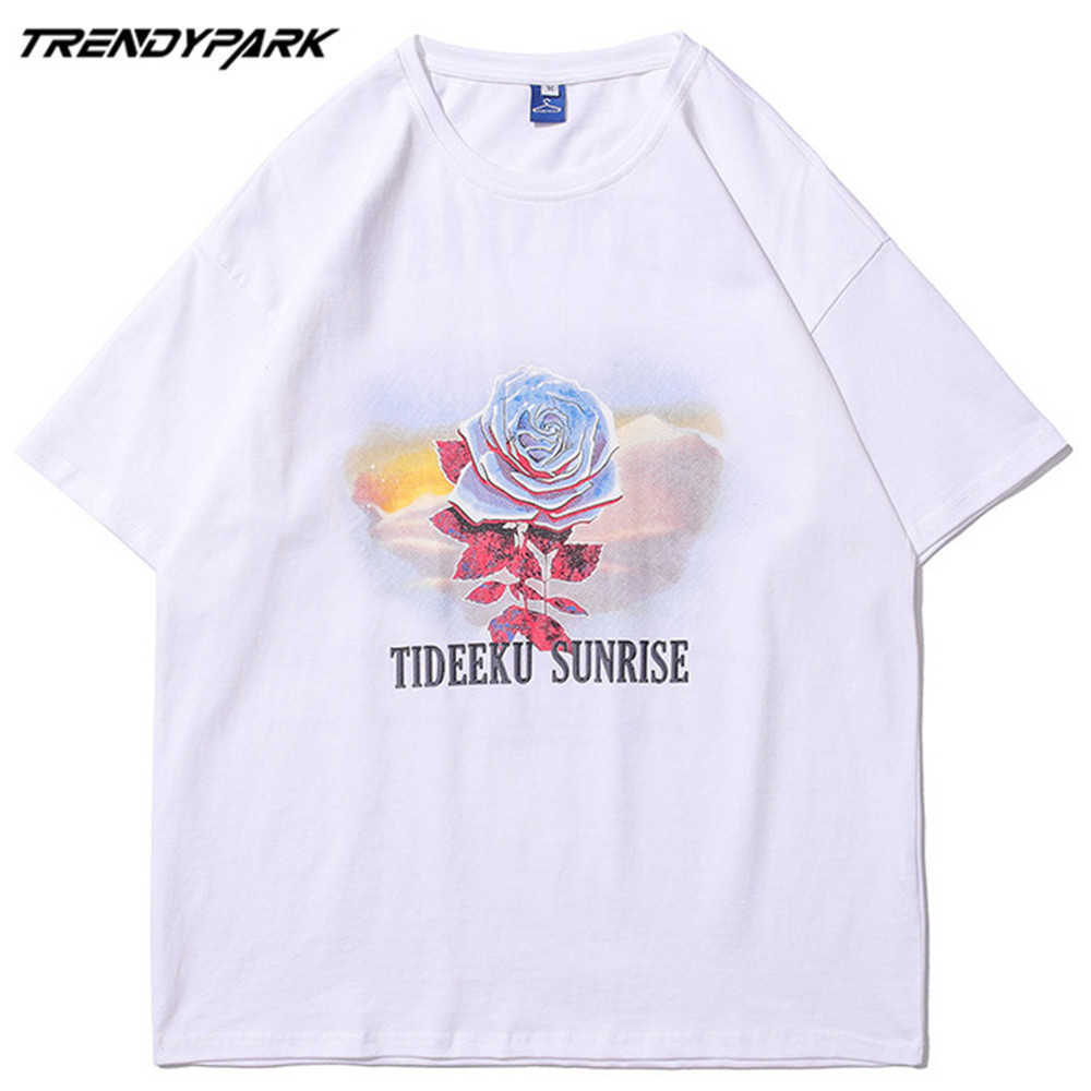 Men's T-shirt Flower Printing Summer Short Sleeve Printed Tee Hip Hop Oversized Cotton Casual Harajuku Streetwear Top Clothing 210601