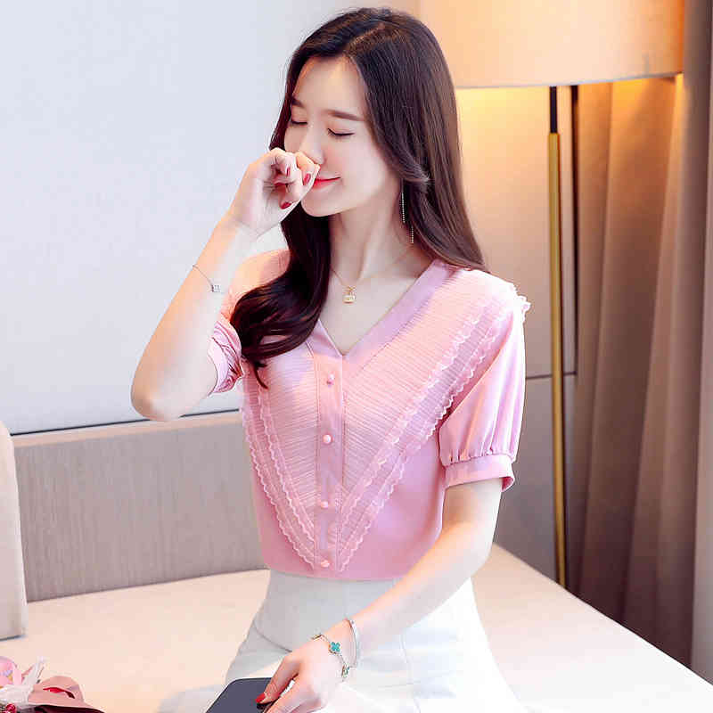 Vintage Lace Shirt Solid Loose Slim V-neck Top Female Short Sleeve Chiffon Blouse Ropa De Mujer Summer Woman's 9855 210506