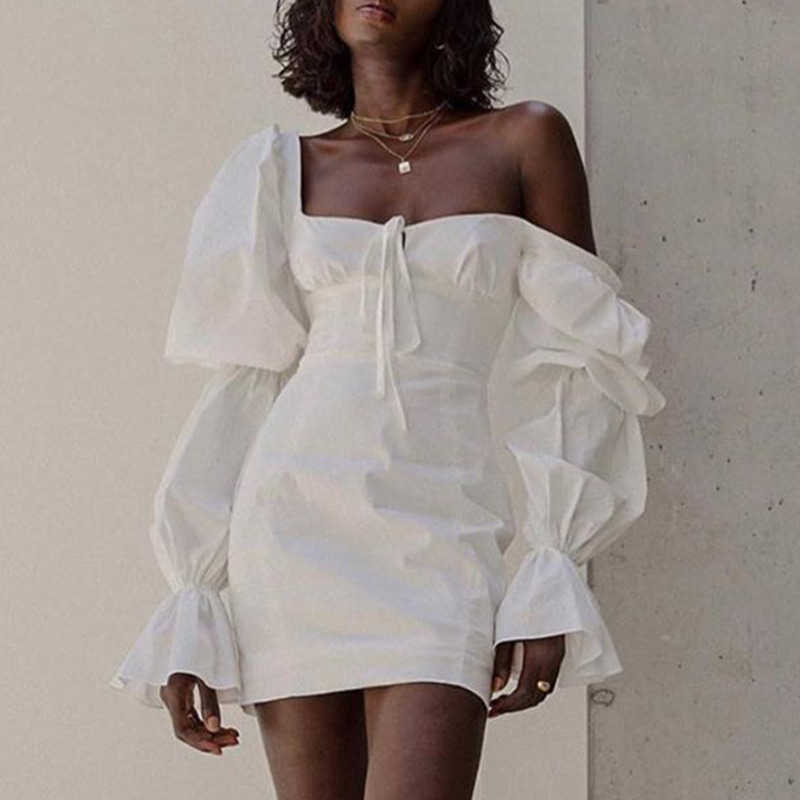 DEAT Women Dress Square Collar Long Petal Sleeve Arrivals Lady Sexy Temperament Fashion Spring Summer 11D1117 210709