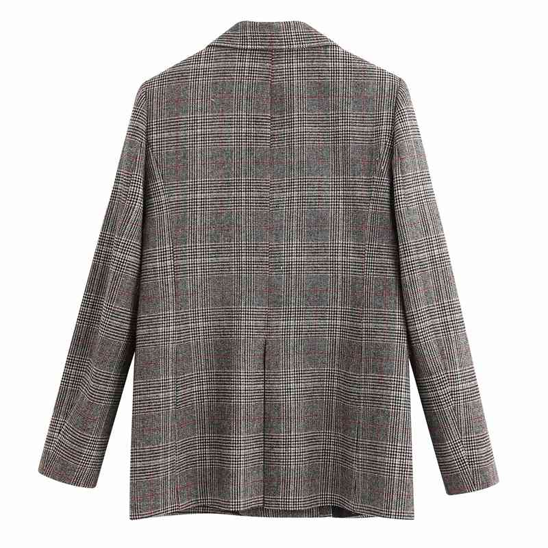 Streetwear Women Grey Plaid Jacket Fashion Vintage Ladies Double Breasted Blazer Causal Female Chic Pocket Long Suits 210430