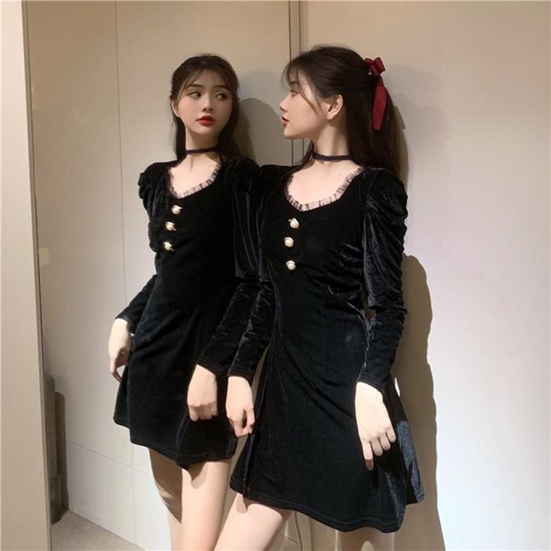 Gothic Black Mini Dress Women Long Sleeve Elegant Vintage Evening Party Y2k Dress Female Dress Korean Autumn Chic 210521