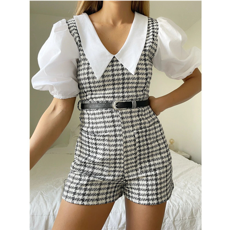 Casual Woman Plaid Tweed Belt Playsuits Summer Fashion Ladies Puff Sleeve Rompers Female Elegant Zipper 210515