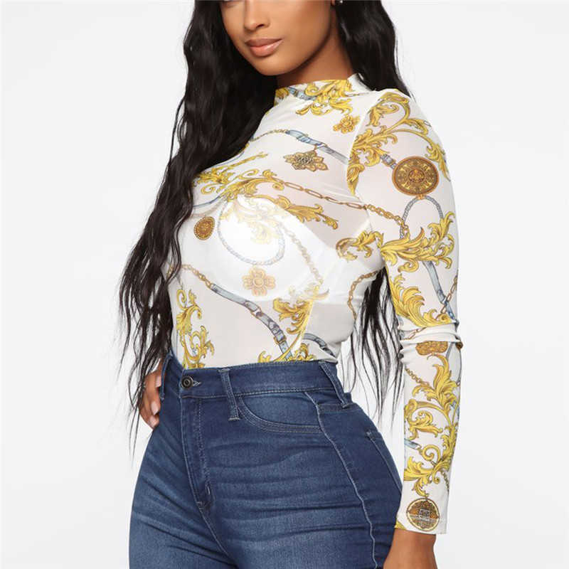 Women Mesh Sheer See Through Print Shirt Blouses Outwear Turtleneck Long Sleeve Tops Transparent Slim Bodycon Club Blouse 210607