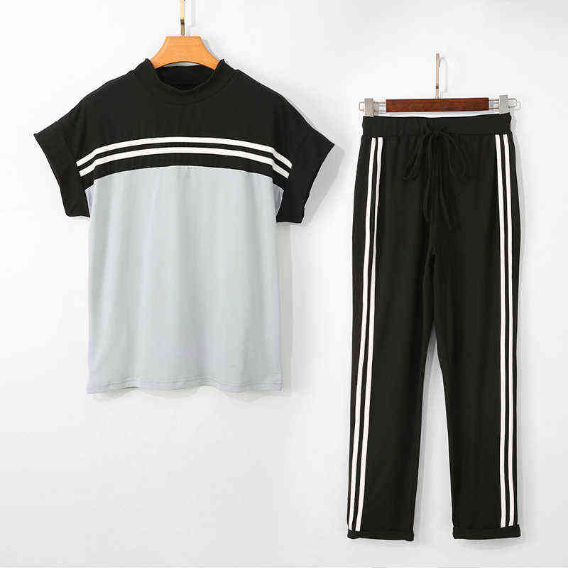 Ladies Casual O-neck Loose Sports Pocket Color Matching Summer Fashion Stitching Trousers Y2K With Suit Women 211115