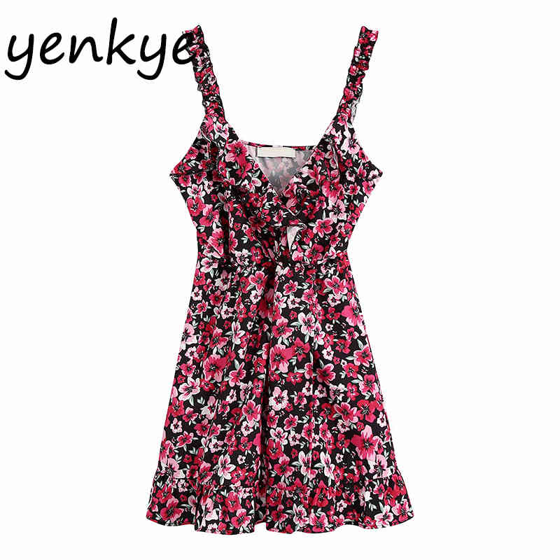 Floral Print Ruffle Wrap Dress Women V Neck Sleeveless Sexy Sling Beach Sundress Female A-line Short Summer Dresses BBWM2220 210515