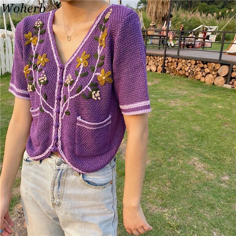 Floral Embroidered Knitted Cardigan Tops Women Summer Short Sleeve V-neck Crop Sweater Korean Fashion Ladies Jumpers 210519