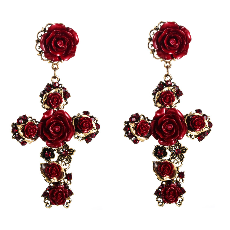 Long Cross Studs Earrings Women Retro Baroque Rose Flower Crystal Rhinestone Dangles Black Red White Color Fashion Design Acrylic Statement Street Par