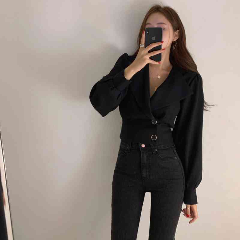 Blazer & Suits Chic Korean Simple White Short Lapel Jacket Women Fashion Long Sleeve Two Button Tops Temperament Coat 210429