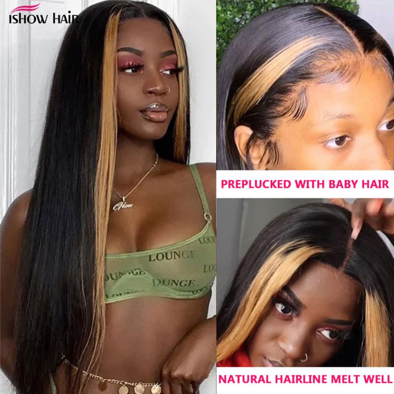 Lace Wigs Ishow Brown Highlight Front Human Hair Blonde Streak 4X4 Closure Wig Brazilian Bone Straight For Women