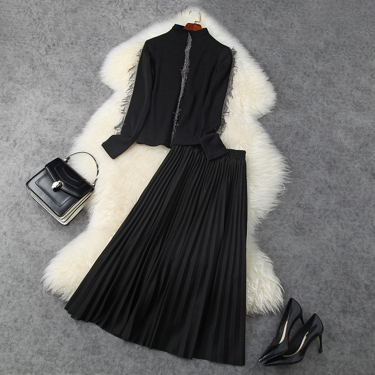 Two Piece Dress European and American women's wear winter style Long-sleeved beaded fringed sweater Pleated skirt Fashion suits J6Z4, Black
Two Piece Dress European and American women's wear winter style Long-sleeved beaded fringed sweater Pleated skirt Fashion suits J6Z4, Black