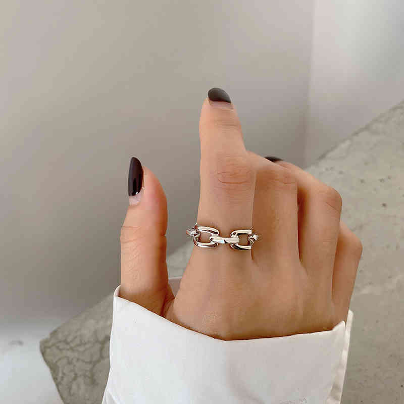 WANTME Genuine 925 Sterling Silver 18k Gold Punk Hip Hop Link Chain Open Ring for Fashion Women Rock Men Party Jewelry 210507