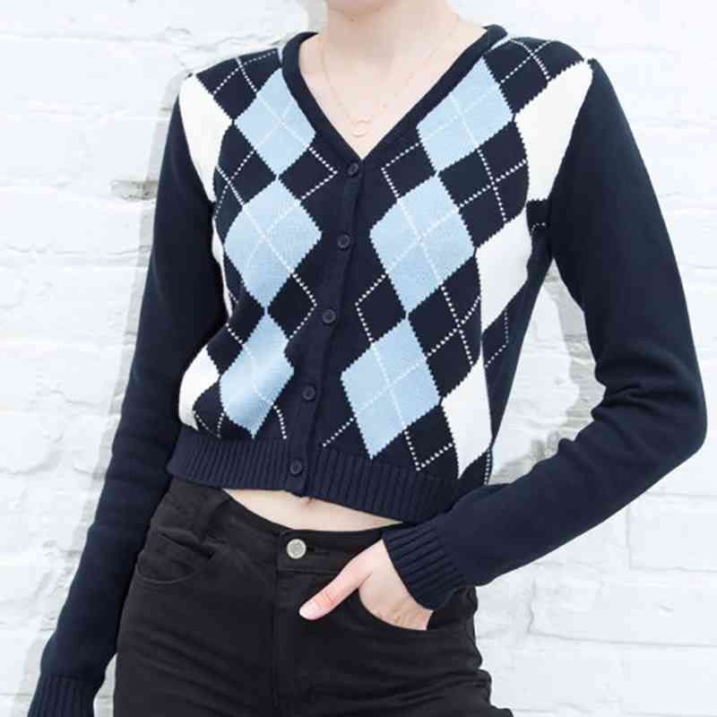 Women's Knits & Tees Cardigan Sweater Knitted Fashion Plaid V-neck England Style Sweaters Ladies Summer-Autumn Single Breasted Top, Pink-white
Women's Knits & Tees Cardigan Sweater Knitted Fashion Plaid V-neck England Style Sweaters Ladies Summer-Autumn Single Breasted Top, Pink-white