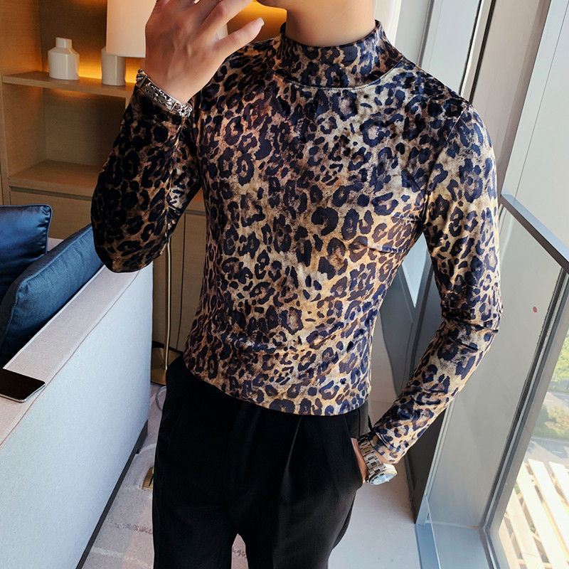 IEFB Stand Collar Base Long Sleeve Spring T-shirt Slim Leopard Print Tight Slim Fit Flannel Fashion Trend Tops 9Y6674 210524