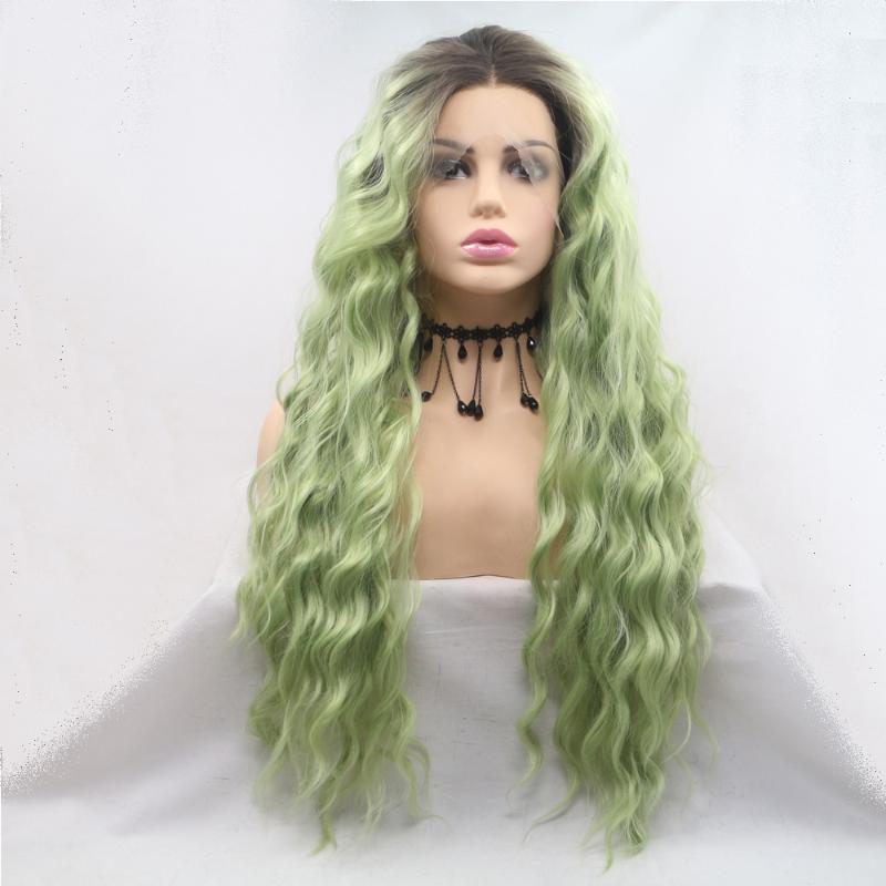 Synthetic Wigs Lace Front Wig Dark Lime Mint Green Curly For Black Women Ombre Body Wave Frontal Hair Lolita Cosplay