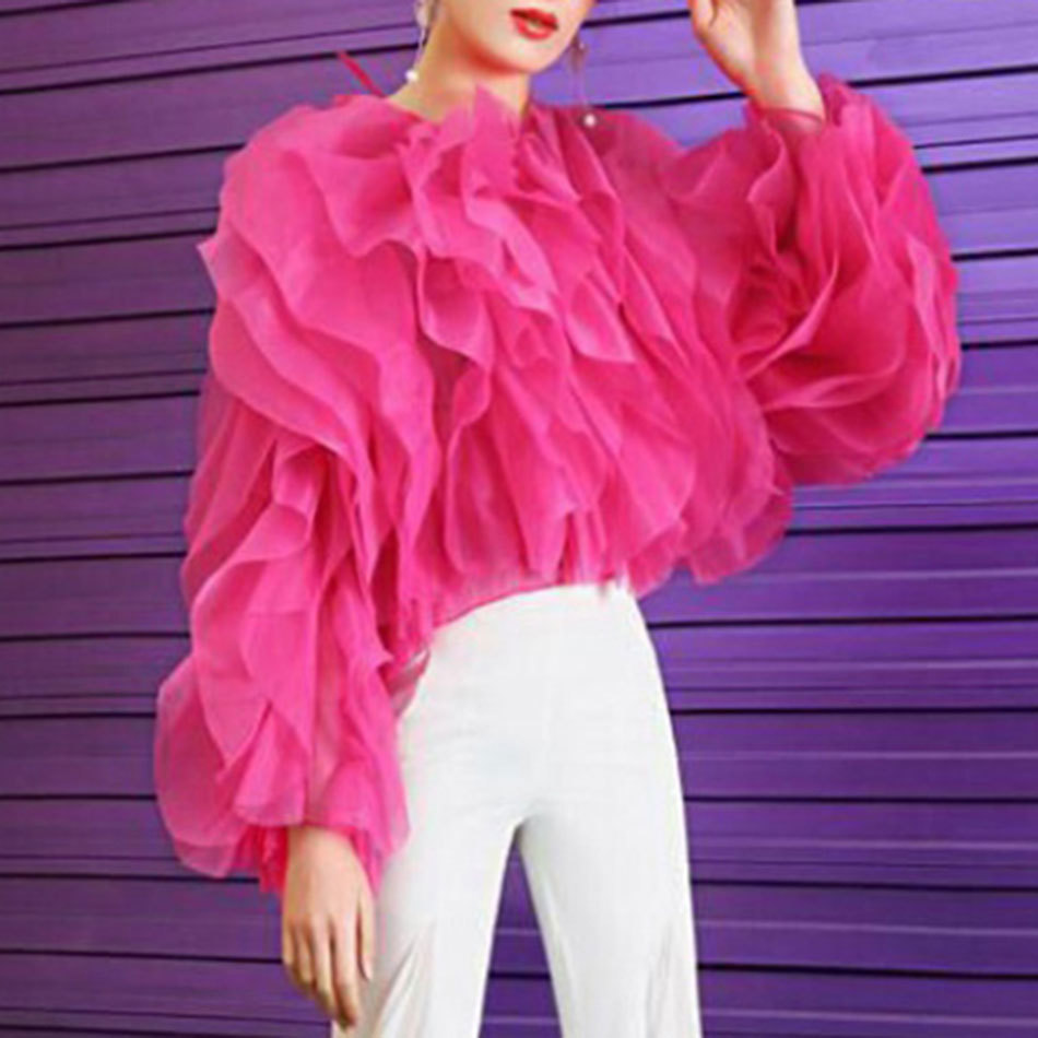 Free Autumn Women's Rose Red Mesh Top Sexy Round Neck Lantern Sleeve Loose Irregular Laminated Petal Party 210524