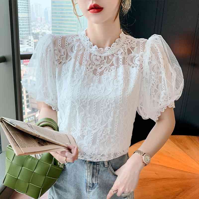 High Street Lace Blouse Women Tops Spring Summer Casual Short Sleeve Hollow Out Korean Clothes Fashion White Tops 210515