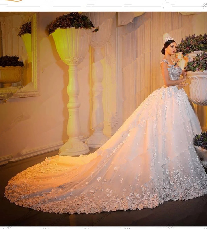 Crystals Beaded Dubai Wedding Gowns Pretty 3D Flowers Pearls Sleeveless Plus Size Sweep Train Saudi Arabia Bridal Dress