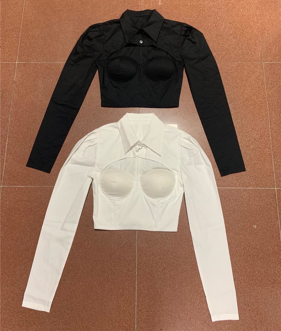 Free Chic Hollow Shirt Summer Women's Lapel Long Sleeve White Sexy Slim Crop Top Fashion Club 210524