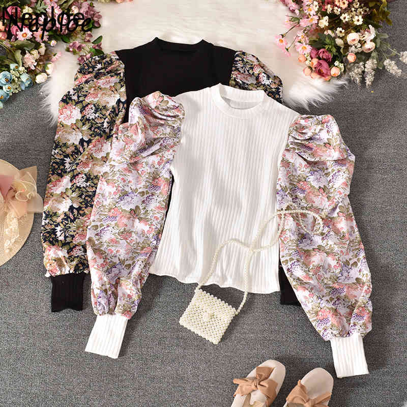 Neploe Patchwork Blouse Fashion Puff Floral Long Sleeve Women Shirts Summer New Korean Slim Sweet Blusas Top Femme 94456 210422