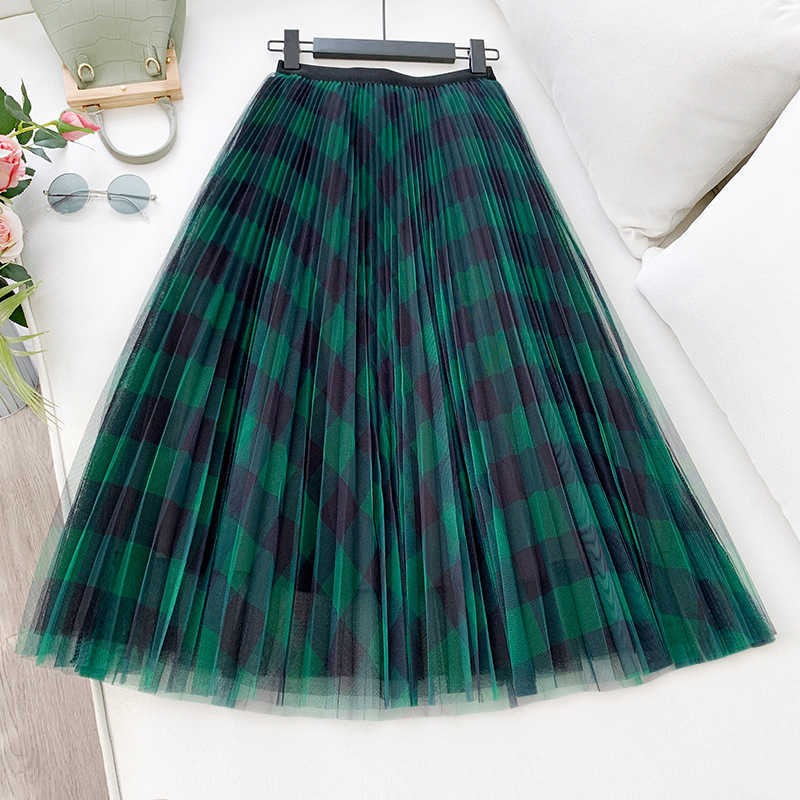 TIGENA Long Plaid Tulle Skirt Women Fashion Summe Elegant A Line High Waist Pleated Checked Maxi Female Ladies Green 210621