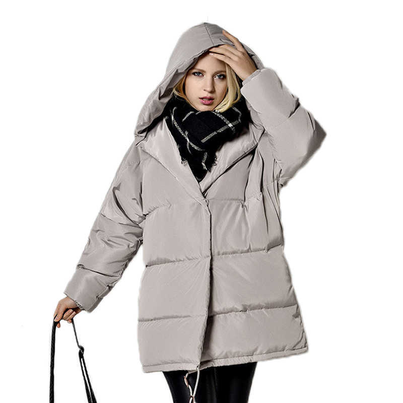 FTLZZ Winter Women Jackets 90% White Duck Down Parkas Loose Plus Size Hooded Coats Medium Long Warm Casual Pink Snow Outwear 210819