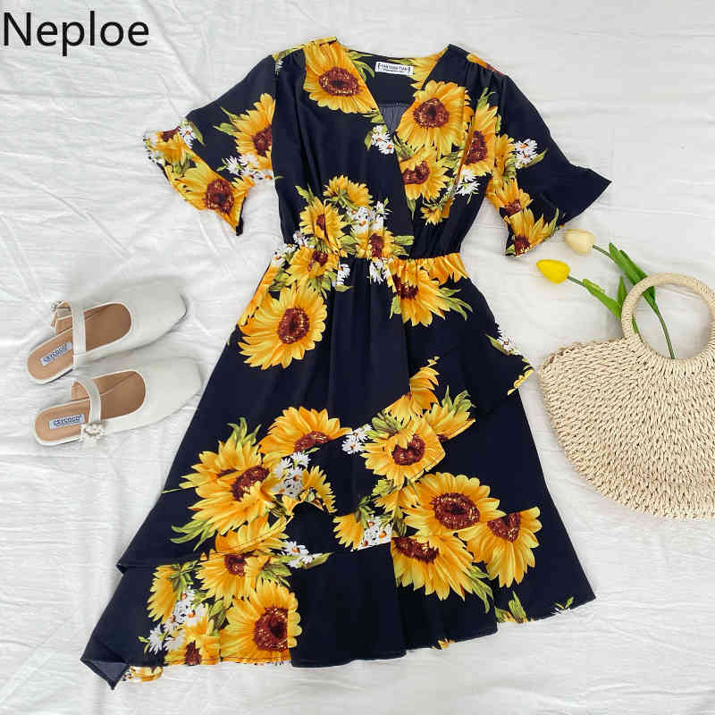 Neploe Women's Dress Summer New Style Temperament Irregular Vestidos V Neck High Waist Slim Bandage Floral Split Dresses 4h571 210422