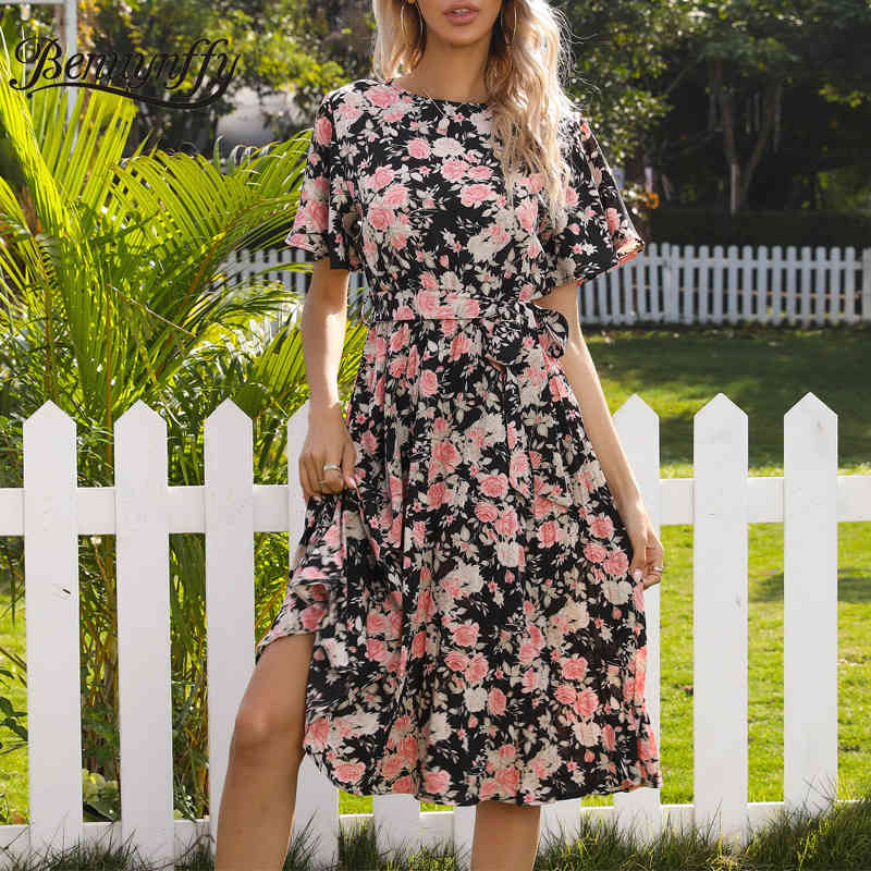 Crew Neck Floral Print Belted Midi Dresses Summer Fashion Casual Women Short Sleeve High Waist Pleated Dress 210510