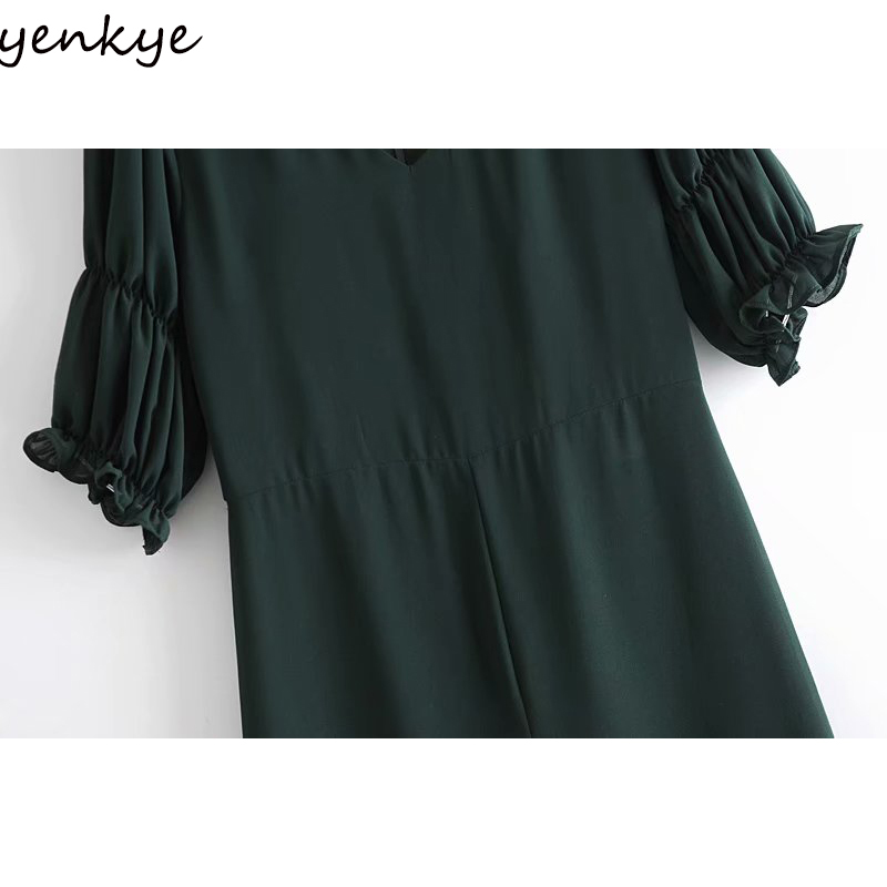 YENKYE Chiffon Summer Dress Women Sexy Hem Slits Vintage Dark Green Vestido Female Short Sleeve V Neck High Waist A-line Dress 210515