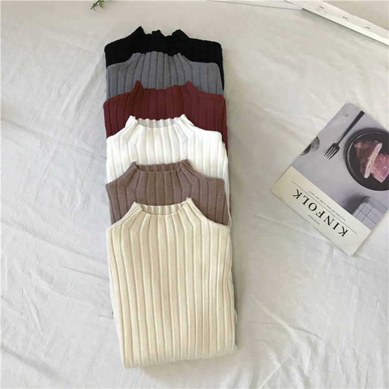 Turtleneck Pullovers Elastic Slim Women Sweater, Khaki Knit Tops, Autumn Winter Basic Ribbed Jumpers