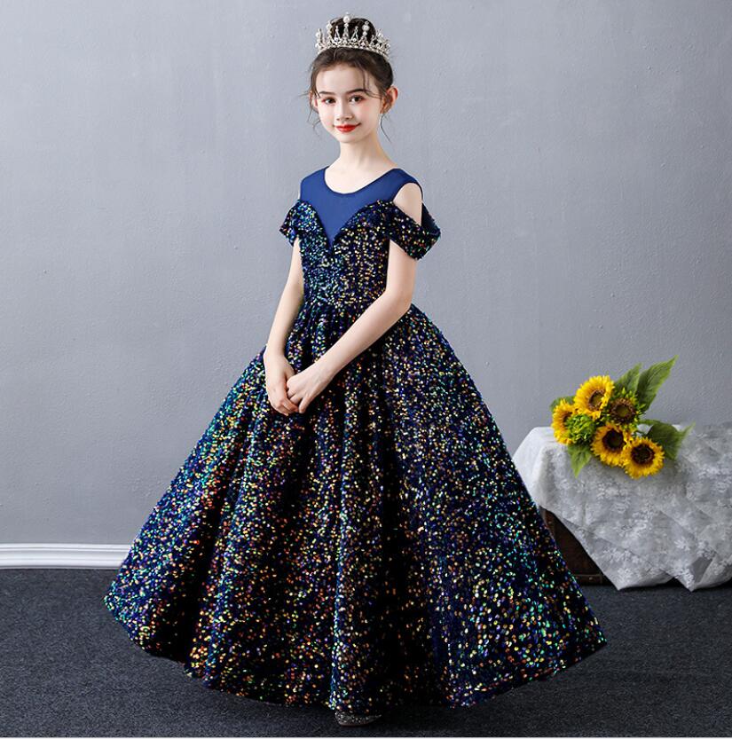 Flower Girl Formal Evening Party Dresses Sparkly Sequins Tulle Princess Gown Girls Long Wedding Junior Bridesmaid Clothes 2025