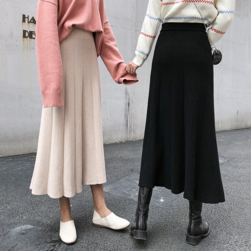 Nomikuma Autumn Winter New Knitted Women Skirts Korean Solid High Waist A-line Skirts Fashion Causal Faldas Verano 6C598 210427