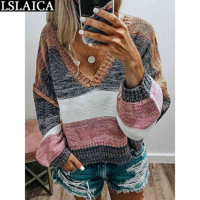 Vintage Striped Patchwork Pullovers Woman Sweaters Autumn Casual Long Sleeve V Neck Female Fashion Knitted Sweater Plus Size 210520