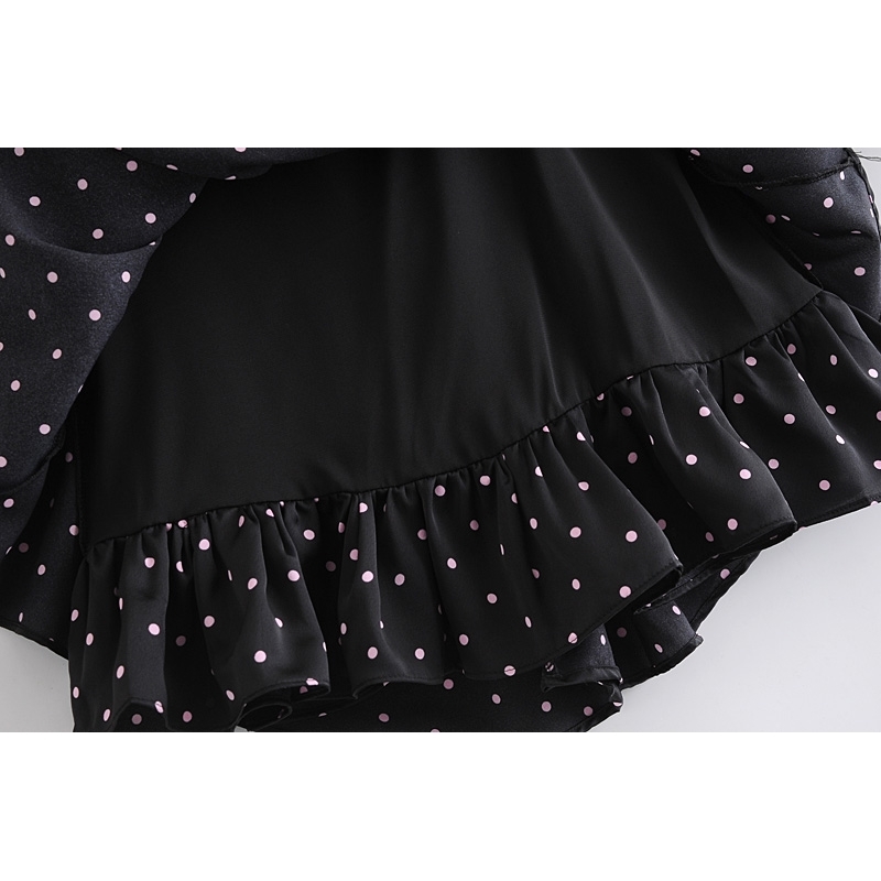 Retro Women Pink Polka Dot Print Black Long sleeve Mini Dress Sexy Pleated Ruched Hollow Out Back Party Dresses 210429
