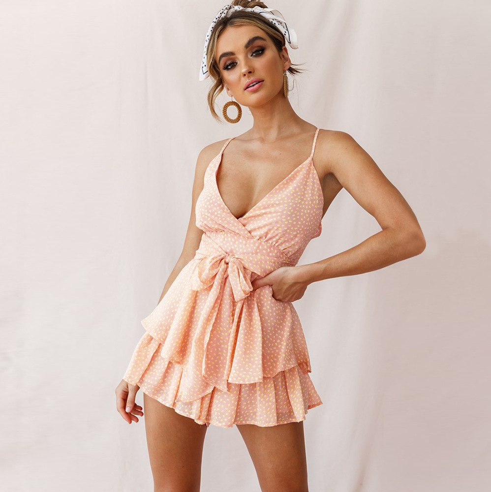Sexy Sling Backless Playsuits For Women Casual Sleeveless Lace Up Bow Wide Leg Jumpsuit Female Summer Floral Print Short Rompers 210522