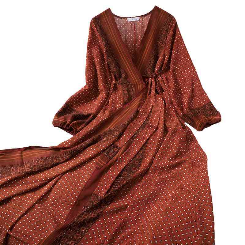 Autumn Vintage Plaid Floral Print Slim Dress A Line V Neck Full High Waist Mid-Calf Women Party Dress 210521