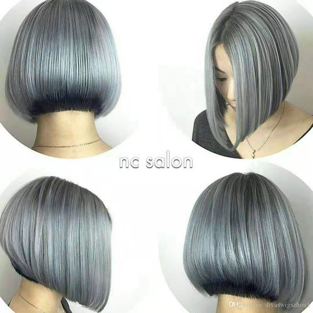 Chic Salt & Pepper Short Straight Bob Wig With Bangs Real Human Hair Wear and Go Glueless Fringe Wigs For Seniors