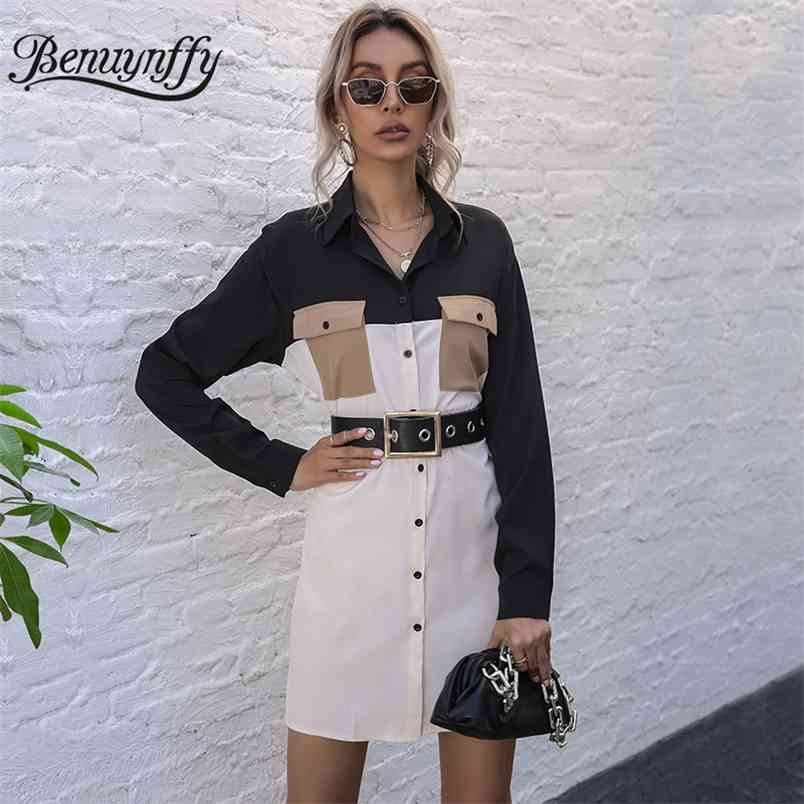 Turn-down Collar Pocket Color Block Shirt Dresses Women Spring Long Sleeve Casual Straight Mini Dress Without Belt 210510