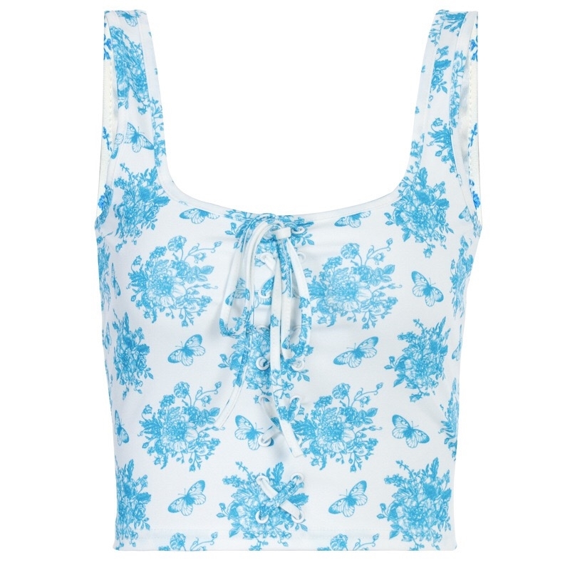 Harajuku Floral Print Camis Women Summer Cross Lace-up Bandage Tank Tops Retro Cool Girl Sexy Slim Crop Top Tees 210429