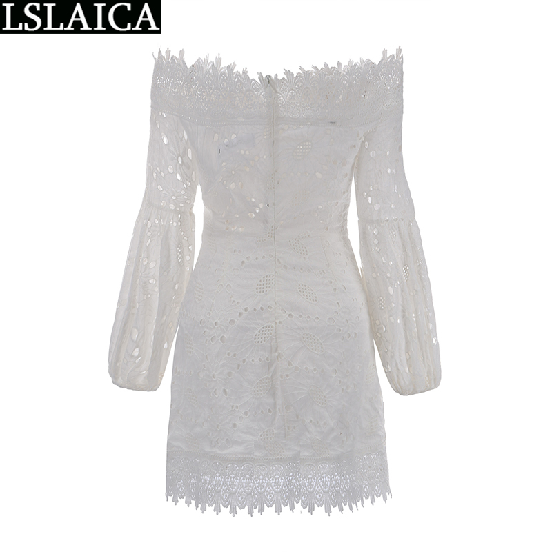 White Lace Dress Lantern Sleeve High Waist Off The Shoulder Slim Women's Summer Evening Party Club Mini Bodycon 210515