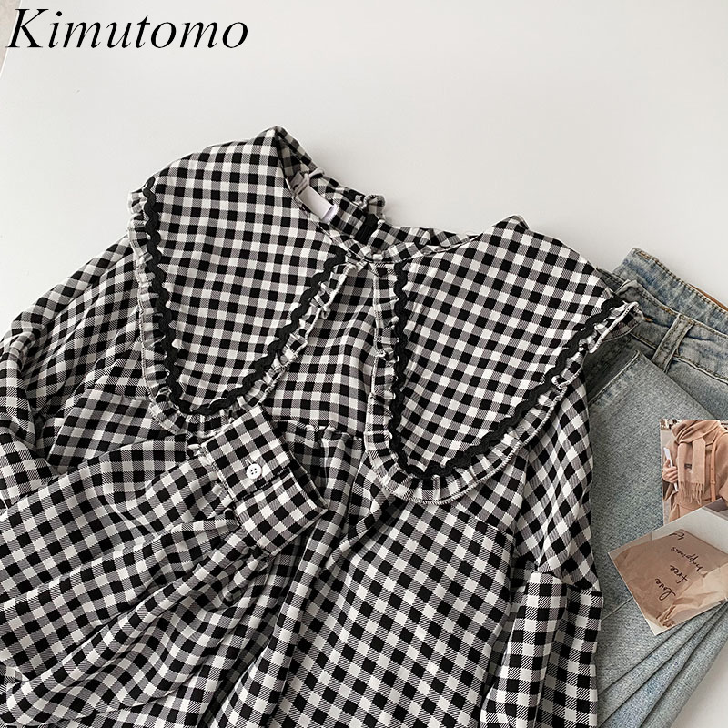 Kimutomo Chic Plaid Shirt Spring Women Korean Fashion Female Peter Pan Collar Long-sleeved Elegant Top Casual 210521
