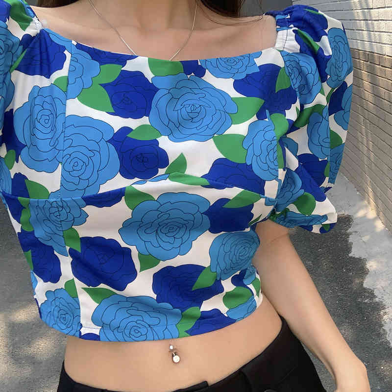 Summer Elegant Shirt Femme Korean Sweet Flower Chiffon Puff Sleeve Short Blouses Women Tops 210518