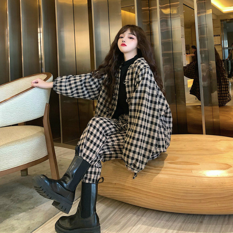 Two Sets Chinese Style Literary Vintage Loose Frog Buckle Plaid Brushed Thickened Set Casual Street Autumn Warm Suits 210510