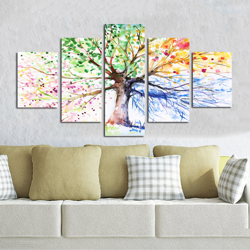 Abstract Art 5 Panels Four Season Tree Posters Landscape Pictures Canvas Prints Painting Wall Art for Living Room Bedroom Modern Home Decor