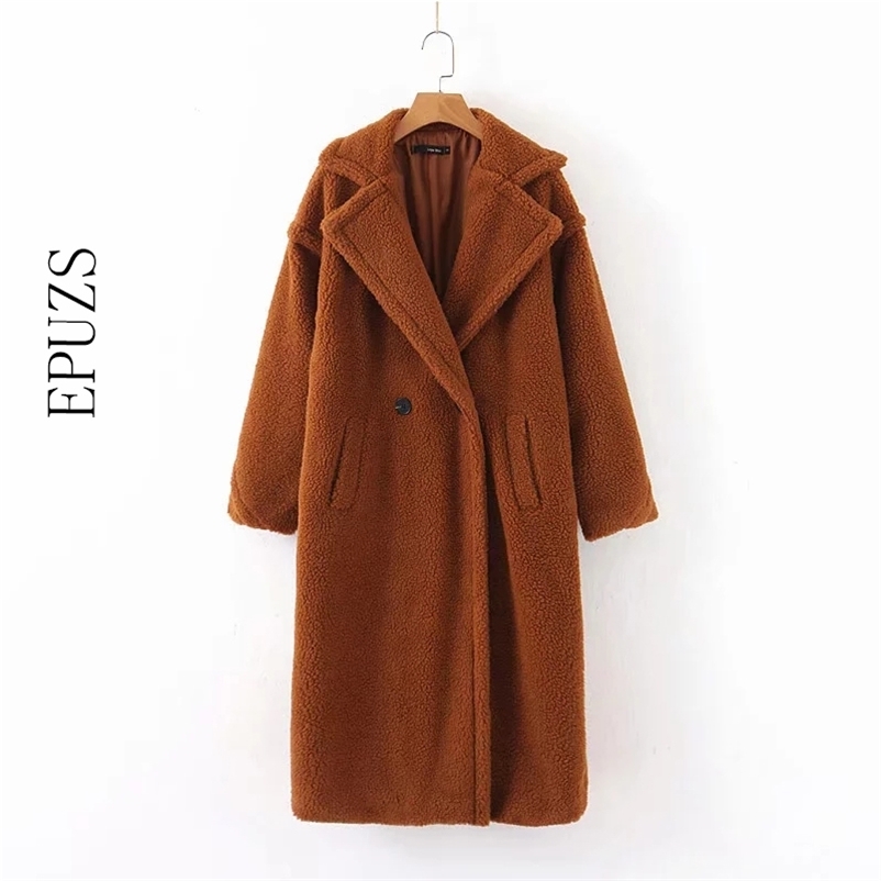 Winter Faux Fur Coats women long coat sleeve warm lambwool jacket Korean thick teddy winter fur 210521