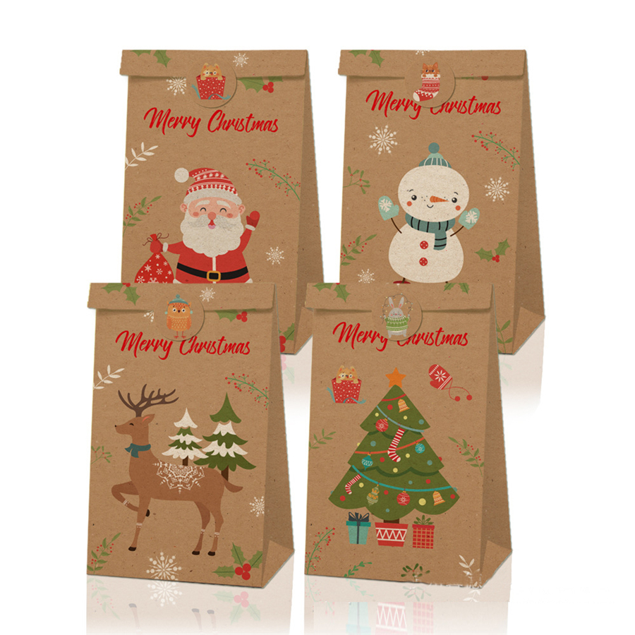 Christmas Bags Vintage Kraft Paper Apples Candy Case Party Gift Xmas Santa Snowman Hand Bag Wrapped Package Decorations GGE1879 Free shipping