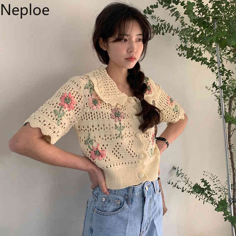 Neploe Vintage Cardigans Women Embroidery Crop Top Peter Pan Collar Single-breasted Short Sleeve Knit Coat Hollow Out Sweater 210422