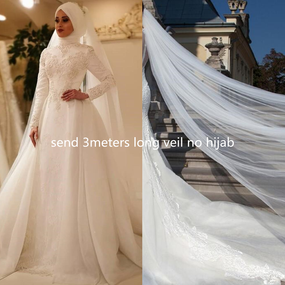 Ivory Muslim Hijab Wedding Dresses Gown With Overskirt Pearls Beaded Lace Appliques Long Arabic Dubai Islamic Wedding Gowns Custom Made Plus Size Brid