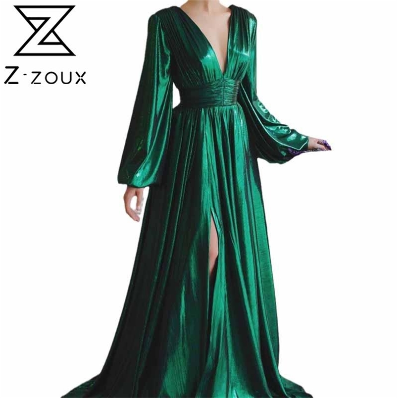 Women Dress Temperament Party es Deep V Neck Lantern Sleeve Maxi High Waist Large Swing Plus Size es 210513