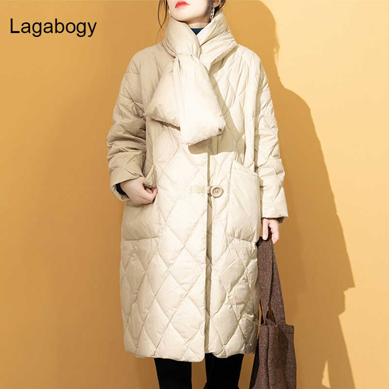 Lagabogy Winter Coat Women White Duck Down Jacket Female Casual Long Parkas With Scarf Warm Loose Snow Coat 210930