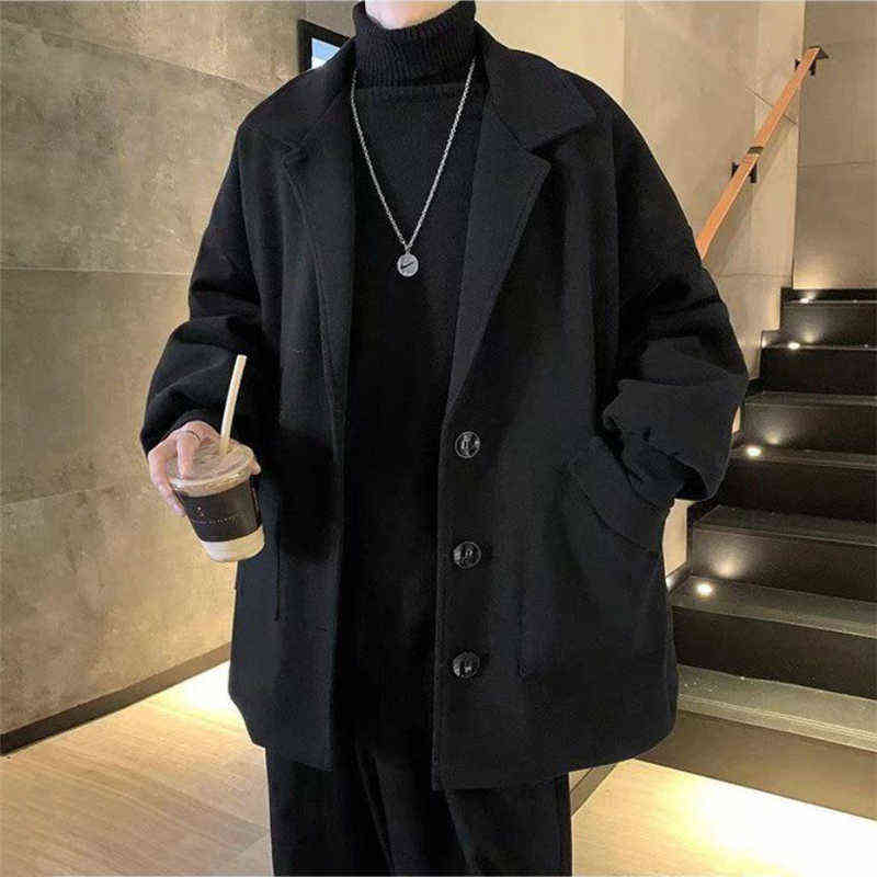 Woolen Coat Men Autumn Winter Korean Fashion Turn-down Coats Thicken Windbreaker Solid Single-breasted Outerwear Male 211122